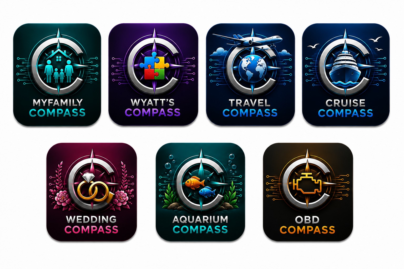 Seven matching Compass app logos